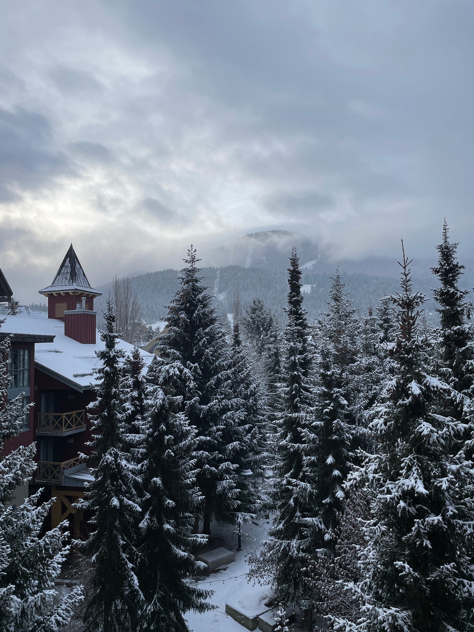 Delta Hotels Whistler snowy trees and village exterior, Whistler British Columbia