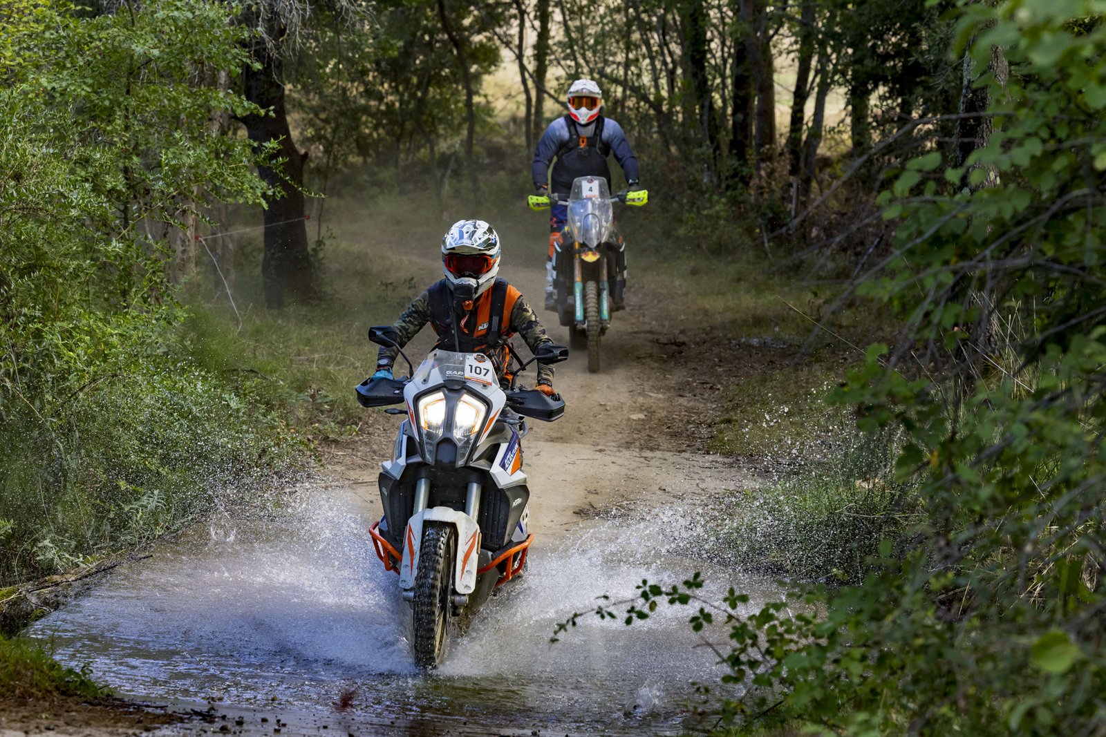 KTM Adventure Rally France 2022 — river crossing on forest trail, Pyrenees Day 2