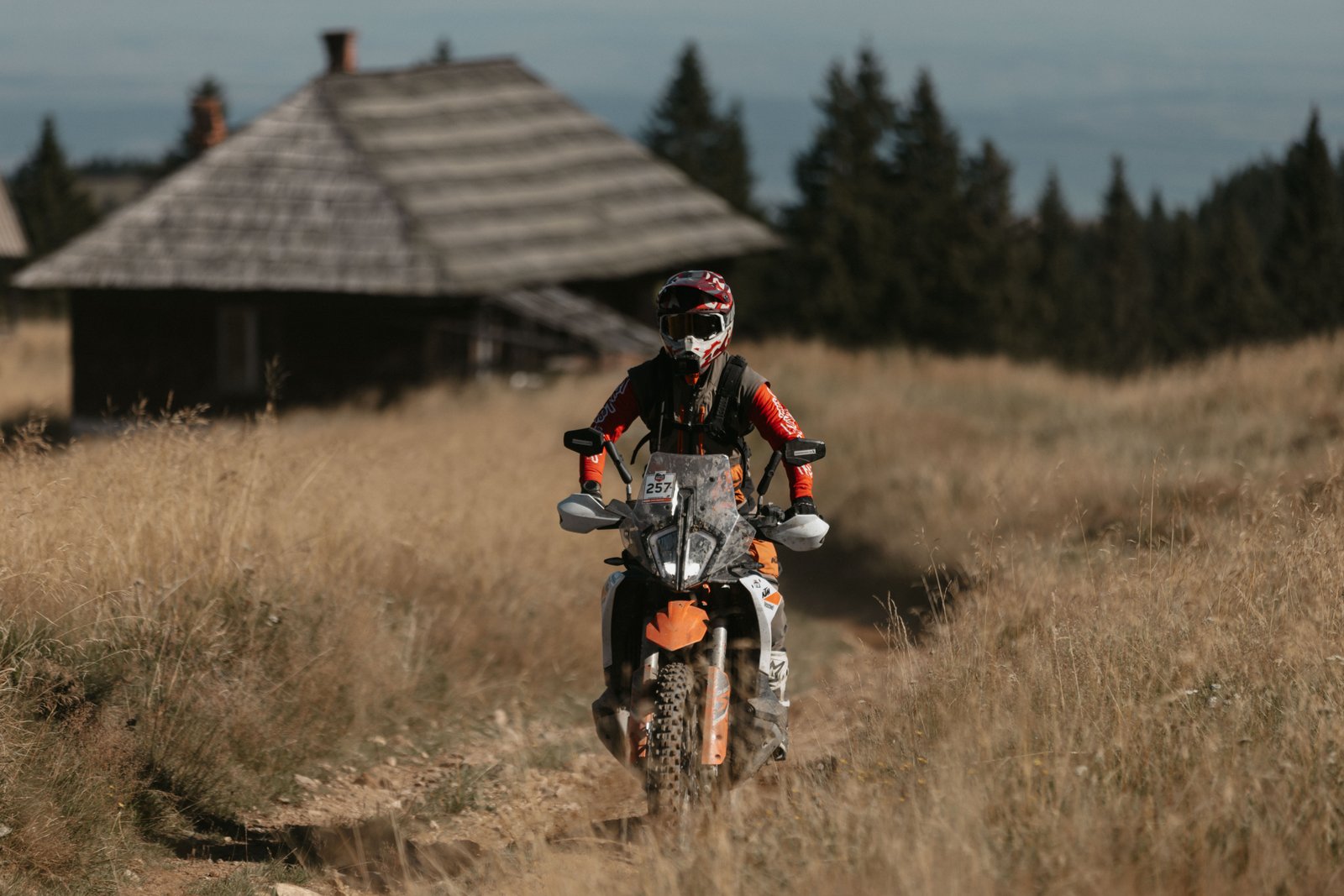 Rider on a Carpathian meadow trail passing a shepherd hut