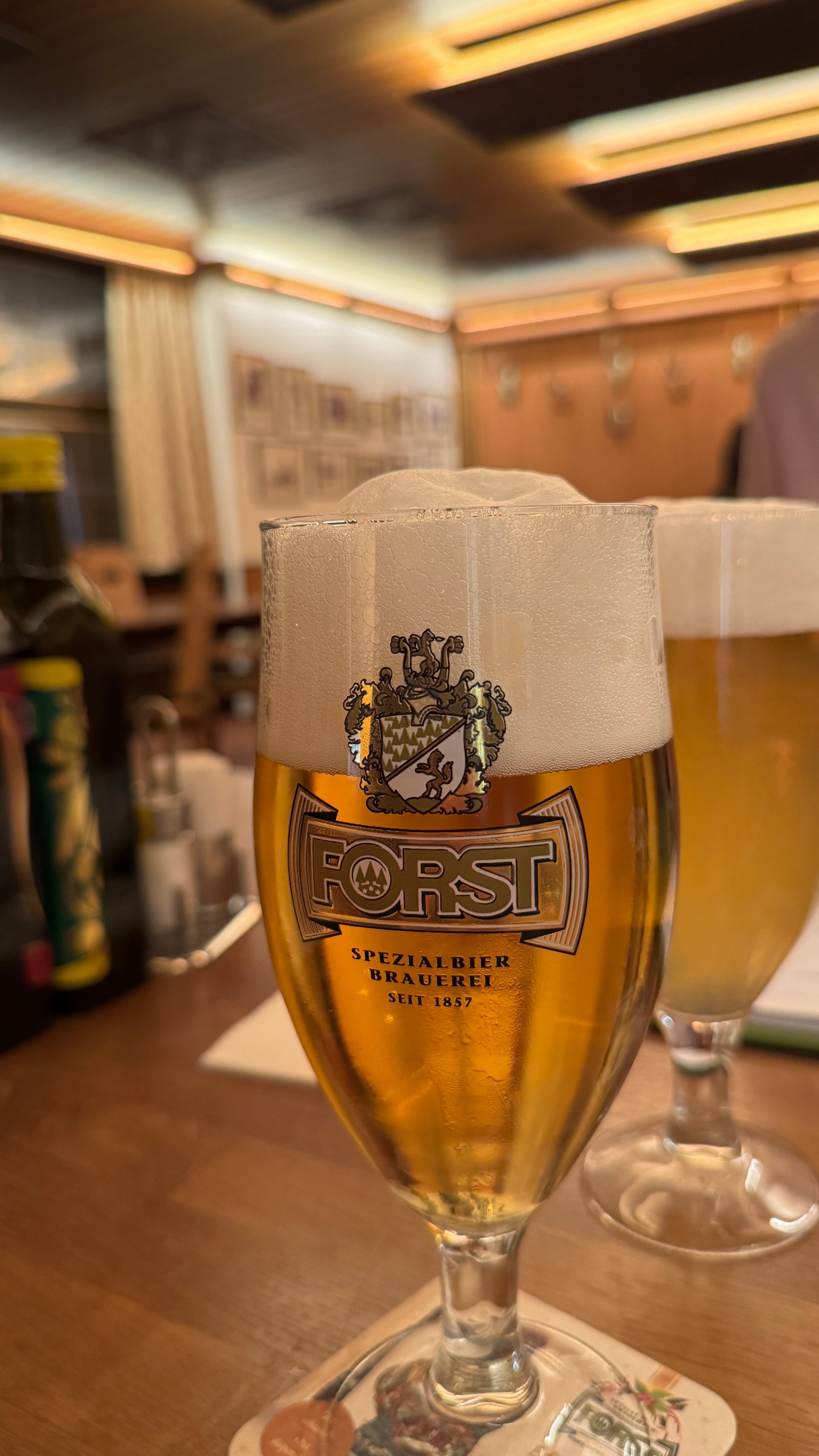 Forsterbräu Lana Forst beer glass closeup, South Tyrol birreria